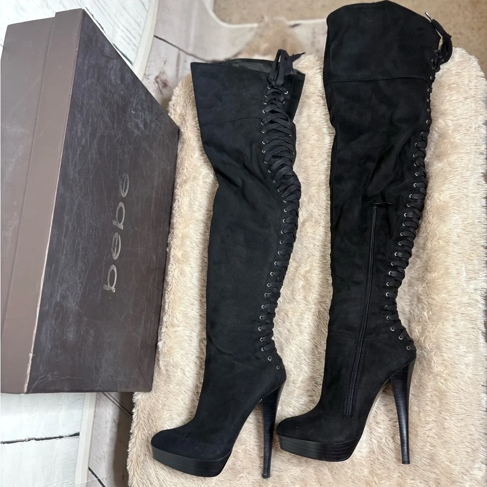 bebe Black Lace-Up Over-the-Knee Stiletto Boots
